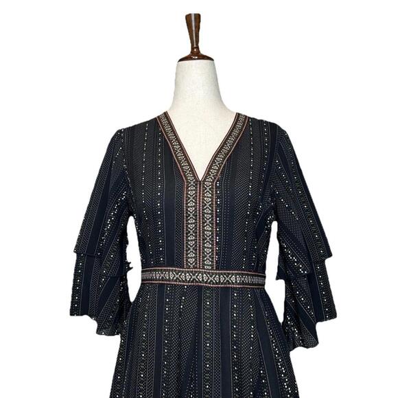 Molly Bracken Womans XS Midi A LineDress Short Sleeve Woven Peasant V Neck Black - Picture 2 of 9